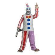 figure, front view. Bald man, red and white striped small top hat with blue band, white clown makeup, high black eyebrows, blue eyeshadow, black circles around eyes, pink spots on cheeks, large menacing grin, full gray beard. white collared shirt, red and white striped sleeves with blue stars, red bow tie, yellow skull pin, blue pompoms down front. pants right leg red and white striped, left leg purple with white stars. brown and white shoes, pistol in right hand, left hand raised showing middle finger