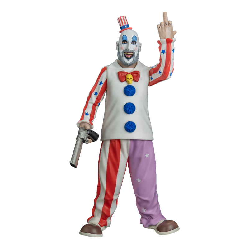 figure, front view. Bald man, red and white striped small top hat with blue band, white clown makeup, high black eyebrows, blue eyeshadow, black circles around eyes, pink spots on cheeks, large menacing grin, full gray beard. white collared shirt, red and white striped sleeves with blue stars, red bow tie, yellow skull pin, blue pompoms down front. pants right leg red and white striped, left leg purple with white stars. brown and white shoes, pistol in right hand, left hand raised showing middle finger