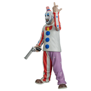 figure, left view. Bald man, red and white striped small top hat with blue band, white clown makeup, high black eyebrows, blue eyeshadow, black circles around eyes, pink spots on cheeks, large menacing grin, full gray beard. white collared shirt, red and white striped sleeves with blue stars, red bow tie, yellow skull pin, blue pompoms down front. pants right leg red and white striped, left leg purple with white stars. brown and white shoes, pistol in right hand, left hand raised showing middle finger