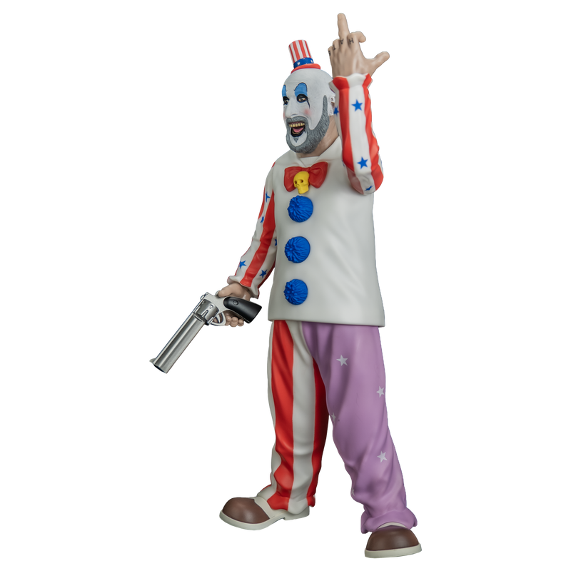 figure, left view. Bald man, red and white striped small top hat with blue band, white clown makeup, high black eyebrows, blue eyeshadow, black circles around eyes, pink spots on cheeks, large menacing grin, full gray beard. white collared shirt, red and white striped sleeves with blue stars, red bow tie, yellow skull pin, blue pompoms down front. pants right leg red and white striped, left leg purple with white stars. brown and white shoes, pistol in right hand, left hand raised showing middle finger