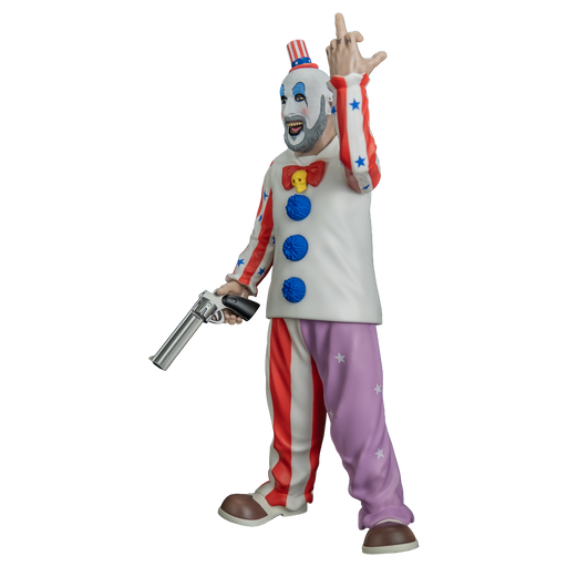 figure, left view. Bald man, red and white striped small top hat with blue band, white clown makeup, high black eyebrows, blue eyeshadow, black circles around eyes, pink spots on cheeks, large menacing grin, full gray beard. white collared shirt, red and white striped sleeves with blue stars, red bow tie, yellow skull pin, blue pompoms down front. pants right leg red and white striped, left leg purple with white stars. brown and white shoes, pistol in right hand, left hand raised showing middle finger