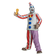 figure, left view. Bald man, red and white striped small top hat with blue band, white clown makeup, high black eyebrows, blue eyeshadow, black circles around eyes, pink spots on cheeks, large menacing grin, full gray beard. white collared shirt, red and white striped sleeves with blue stars, red bow tie, yellow skull pin, blue pompoms down front. pants right leg red and white striped, left leg purple with white stars. brown and white shoes, fried chicken right hand, left hand with middle finger raised