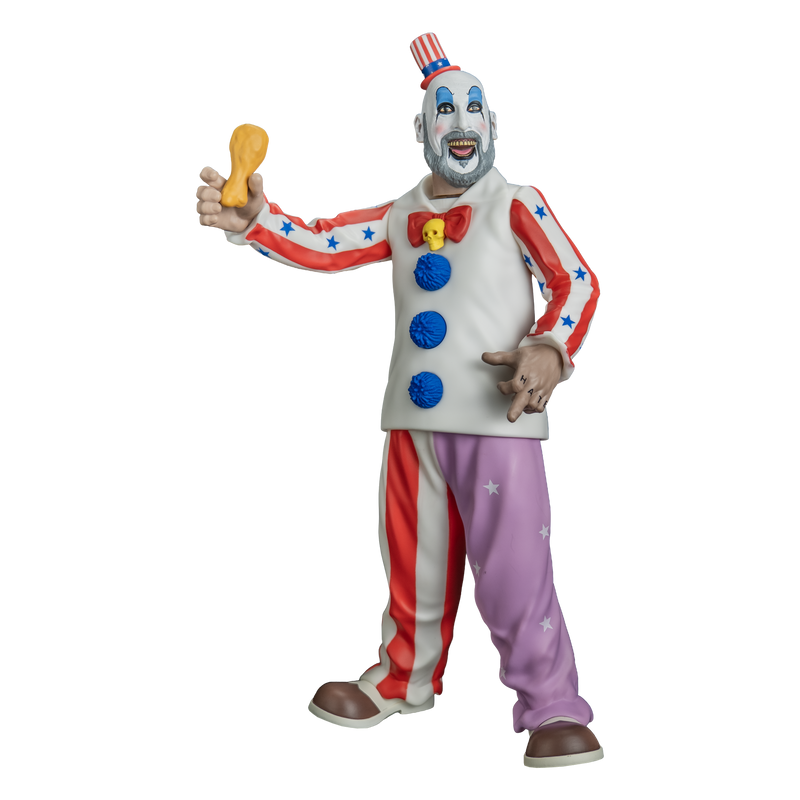 figure, left view. Bald man, red and white striped small top hat with blue band, white clown makeup, high black eyebrows, blue eyeshadow, black circles around eyes, pink spots on cheeks, large menacing grin, full gray beard. white collared shirt, red and white striped sleeves with blue stars, red bow tie, yellow skull pin, blue pompoms down front. pants right leg red and white striped, left leg purple with white stars. brown and white shoes, fried chicken right hand, left hand with middle finger raised