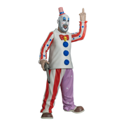 figure, right view. Bald man, red and white striped small top hat with blue band, white clown makeup, high black eyebrows, blue eyeshadow, black circles around eyes, pink spots on cheeks, large menacing grin, full gray beard. white collared shirt, red and white striped sleeves with blue stars, red bow tie, yellow skull pin, blue pompoms down front. pants right leg red and white striped, left leg purple with white stars. brown and white shoes, pistol in right hand, left hand raised showing middle finger