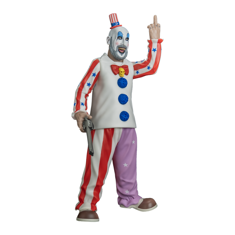figure, right view. Bald man, red and white striped small top hat with blue band, white clown makeup, high black eyebrows, blue eyeshadow, black circles around eyes, pink spots on cheeks, large menacing grin, full gray beard. white collared shirt, red and white striped sleeves with blue stars, red bow tie, yellow skull pin, blue pompoms down front. pants right leg red and white striped, left leg purple with white stars. brown and white shoes, pistol in right hand, left hand raised showing middle finger