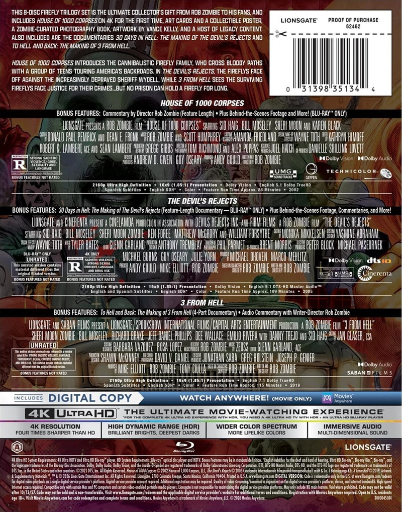 Rob Zombie’s Firefly Trilogy – 8-Disc 4K Ultra HD Collector’s Box Set – House of 1000 Corpses / The Devil’s Rejects / 3 From Hell (Pre-Order)