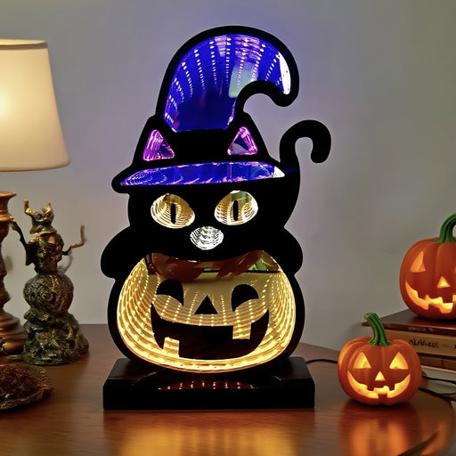 LED Infinity Mirror, Halloween Demon LED-Black Cat Pumpkin | USB Powered, Multi-Color, Suitable for Halloween, Villa, Living Room, Party, Bar Atmosphere, Holiday Gift, Room Game Room Bedroom Horror Atmosphere Ornament Decoration