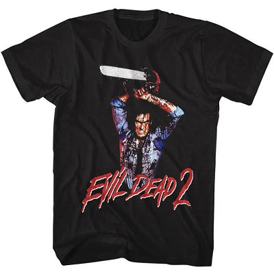 Evil Dead Raised Chainsaw Black Adult T-Shirt