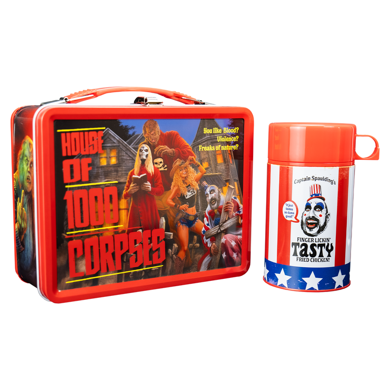 lunch box set. red metal box with handle and clasp. Illustration of movie characters on front, red text underlined in yellow reads House of 1000 corpses, yellow text reads You like blood? Violence? Freaks of nature?.  Thermos, red cup lid with handle, red and white vertical stripes, white stars on a blue band at bottom, black text reads Captain Spaulding. illustration of the character, speech bubble text reads, it just tastes so damn good. Black text below reads finger lickin' tasty fried chicken