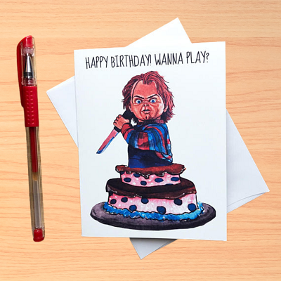 Creepy Chucky Childs Play Birthday Card, Horror Movie Bday