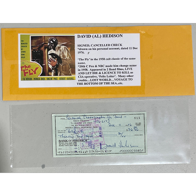 Autographed David Hedison, The Fly (1958), Signed Check