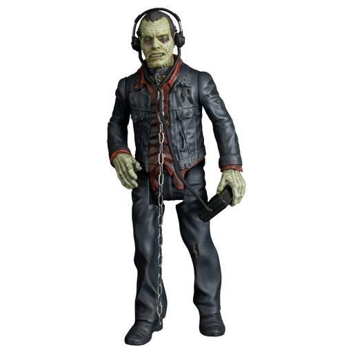 Day of the dead 5 inch Bub figure. Zombie, short dark hair greenish flesh dark circles around eyes.  wearing headphones with cord connected to radio being held in left hand. iron collar around neck with silver chain attached. dirty red shirt, black leather jacket, black pants and shoes
