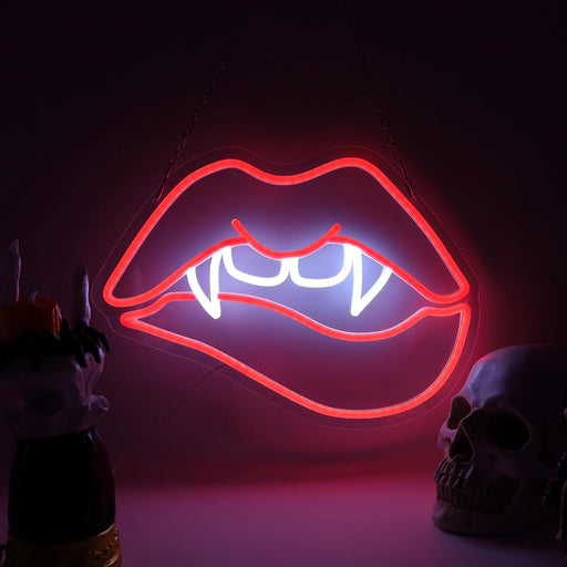 Vampire Fangs Lip-Shaped Neon Sign, Halloween Decoration, Horror-Themed LED Light-Up Sign, Wall Decor, USB-Powered with Adjustable Switch Neon Decoration, Suitable for Man Caves, Party Decorations, Birthday Gifts