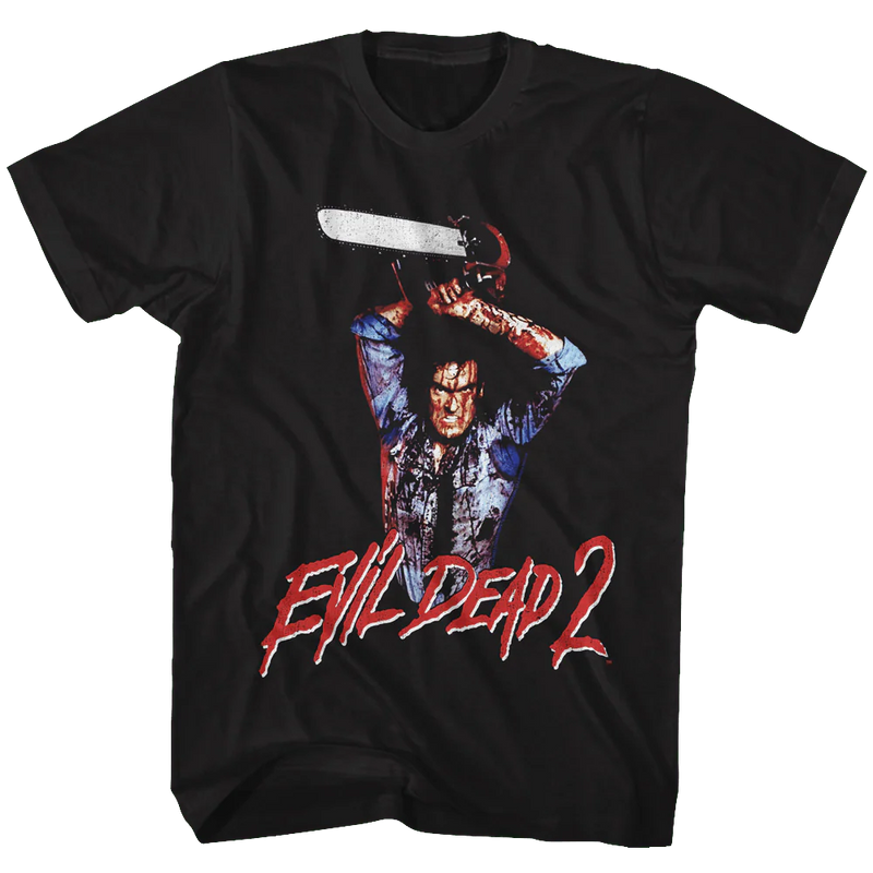 Evil Dead Raised Chainsaw Black Adult T-Shirt