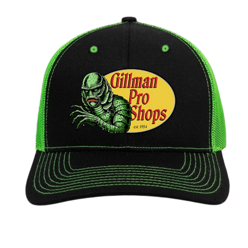 Gillman Pro Shops Horror Trucker Hat – Black on Green Creature Cap