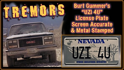 Tremors | Burt Gummer's GMC Jimmy | UZI 4U | Metal Stamped Replica Prop License Plate