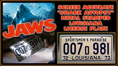 JAWS | Steven Spielberg | Shark Autopsy | Metal Stamped Replica Prop License Plate