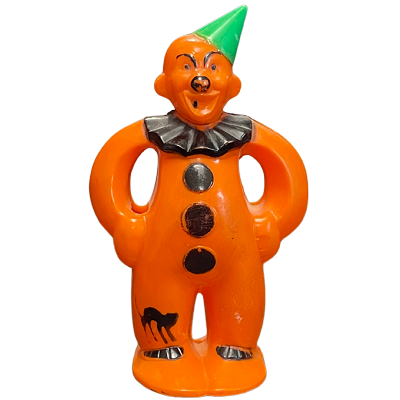 Vintage Rosbro Halloween Clown with Black Cat Hard Plastic Candy Container 1950s Halloween Decoration