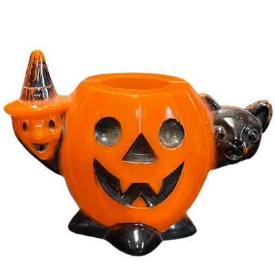 Vintage Rosbro Halloween Jack O’Lantern with Witch and Black Cat Hard Plastic Candy Container 1950s Halloween Decoration